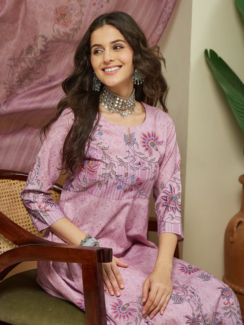Janasya Women's Lavender Cotton Blend Floral Printed Anarkali Kurta Set
